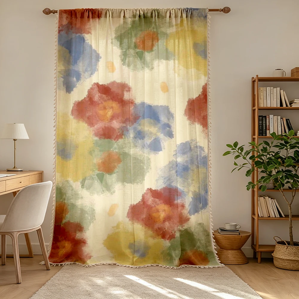 1PC Floral Tassel Sheer Curtains, Watercolor Colorful Flower, Digital Print, Polyester, Bedroom Living Room, Home Decor