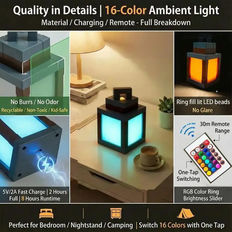 Luminous Lantern Nightlight Rechargeable Game Pixel Light Surrounding Children'S Bedroom Atmosphere Light Home Decor Ornament