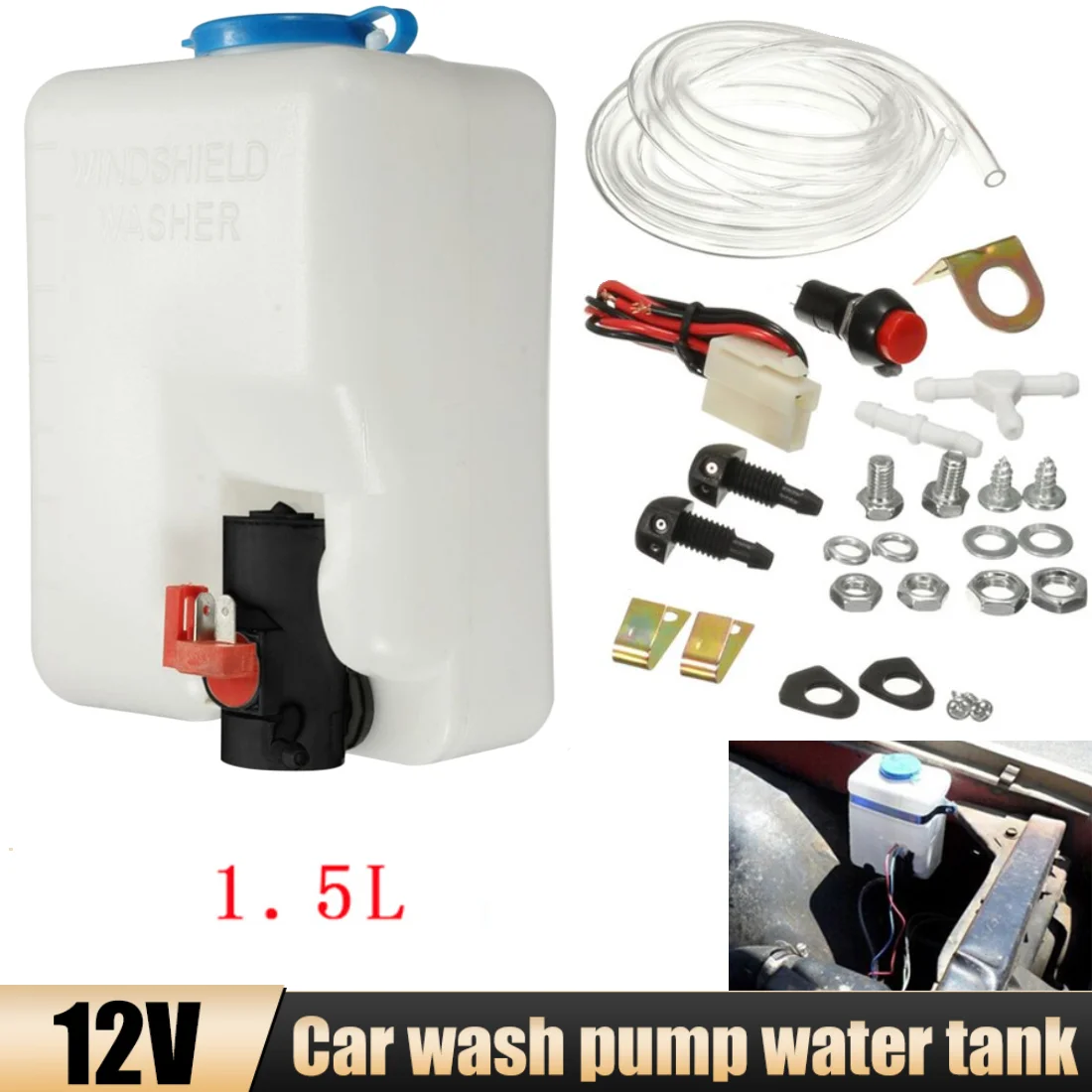 

12V Universal Car Windshield Washer Reservoir Pump Bottle Kit 1.5L Wiper Systems Reservoir Car Accessories Washing Tool Set