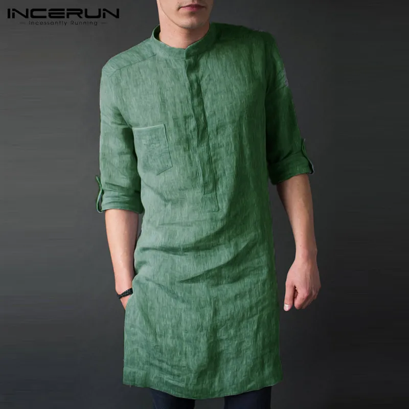 INCERUN Men's Long Sleeve Midi Men T-shirts New Fashion Muslim Clothing Solid Color Indian Kurta Teenager Kaftan 2024 Shirt 5XL