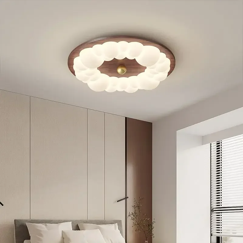 Bedroom Ceiling Light Simple Warm Bubble Cream Wooden Retro Medieval Silent Eye Protection Lamp for Solid Wood Room