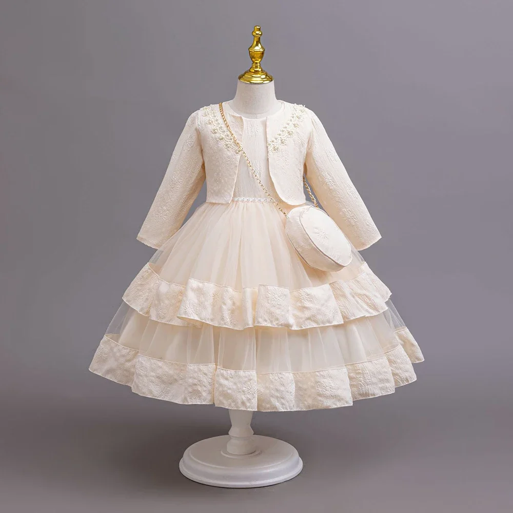 Girls Sleeveless Dress + Long Sleeve Coat 3 Pcs Suit Children's Party Princess Gown for Performance Party Holiday