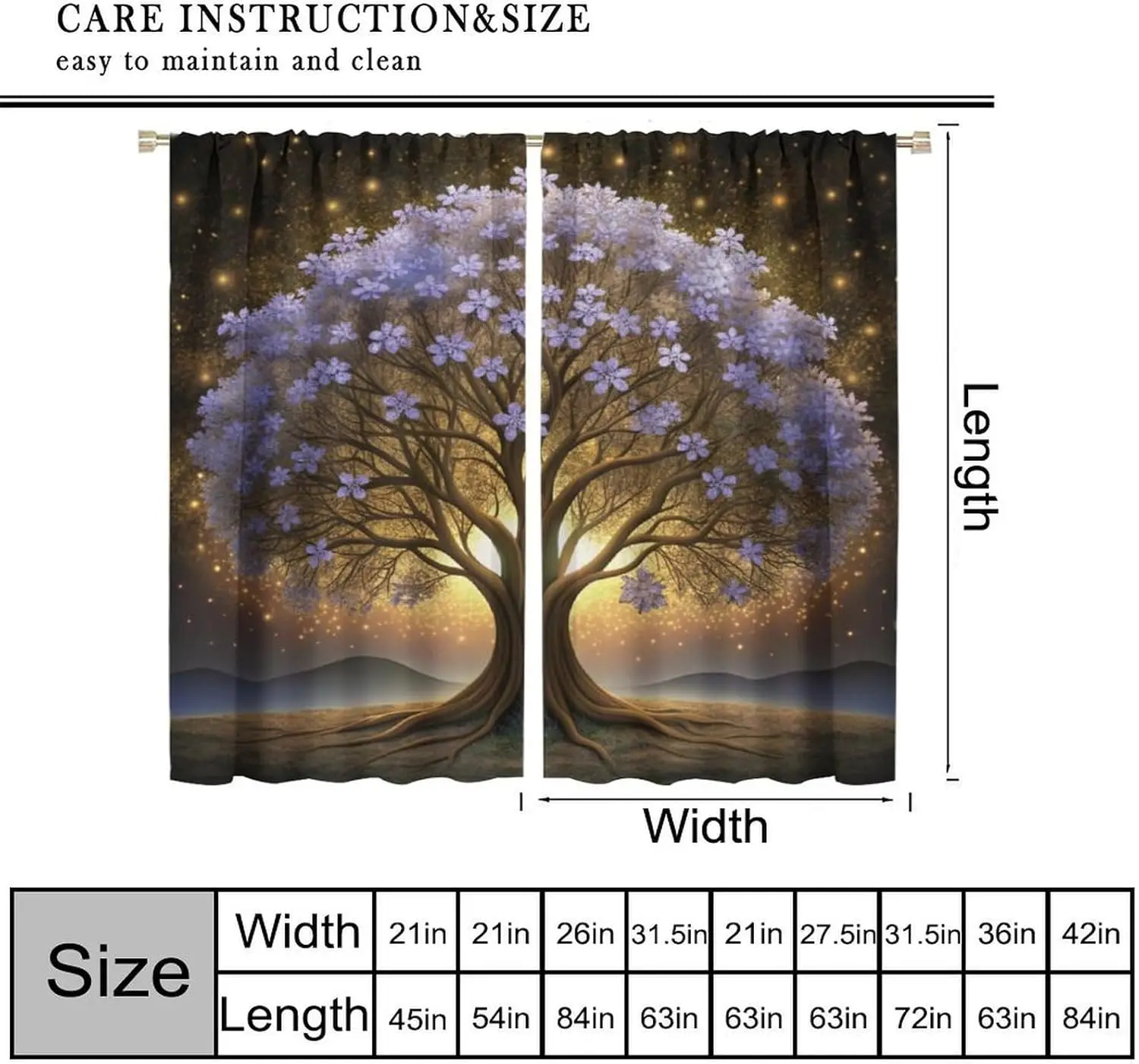 Glowing Tree of Life Window Curtains,Purple Floral Fantasy Night Sky with Sparkle Print Drapes, Magical Nature Decor for Bedroom