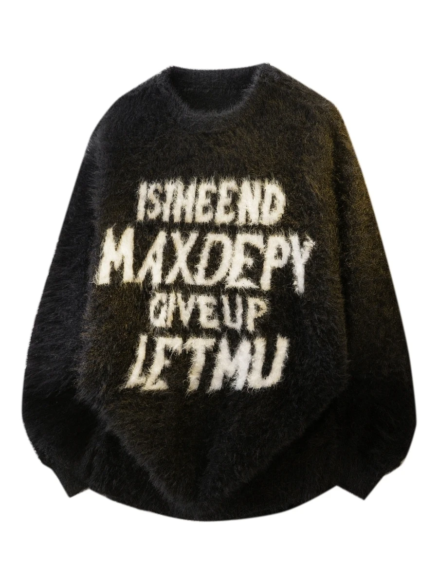 

Trendy Lazy Street Sle Knitted Sweater Men's Loose Fit Soft Nylons Faux Fur Letter Print Autumn Winter Casual Faion