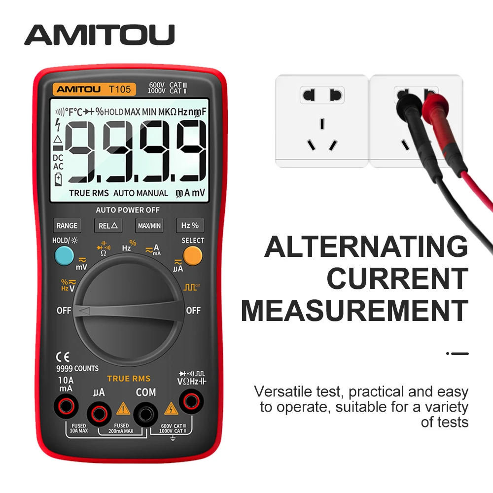 

AMITOU T105 9999 Counts Digital Professional Multimeter Ture RMS Smart Multimetro AC DC Ohm Capacitance Tester Hz Voltage Meter