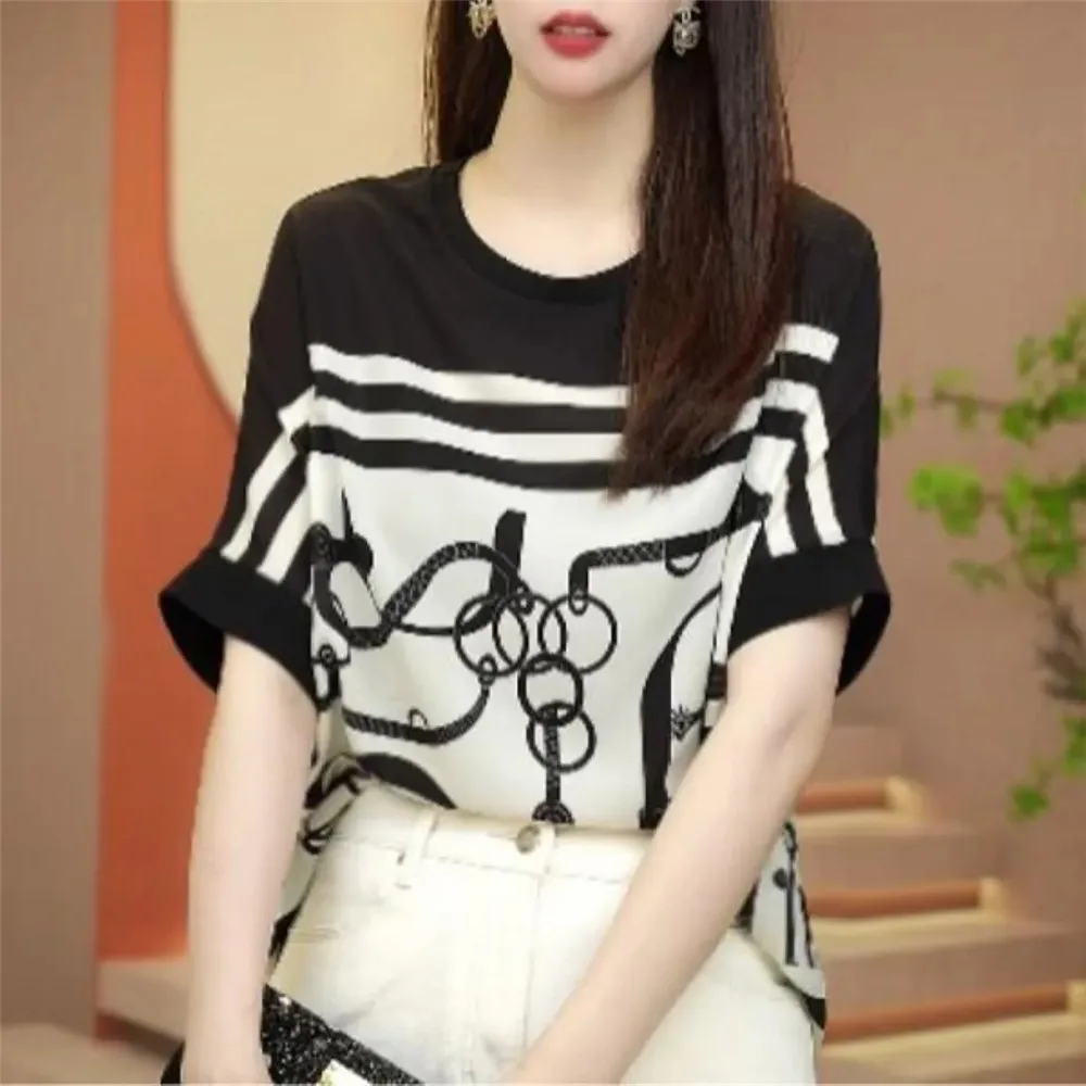 Y2k Print 2024 Summer New Casual Stripe Printed Women O-Neck Pullover Fashion Versatile Elegant Short Sleeve Loose T-shirt Tops