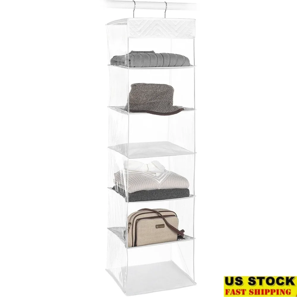 

6-Shelf Hanging Organizer Clear Vinyl Sweater Shelves Space Saving Vertical Design Durable Metal Frame Clothing Accessories
