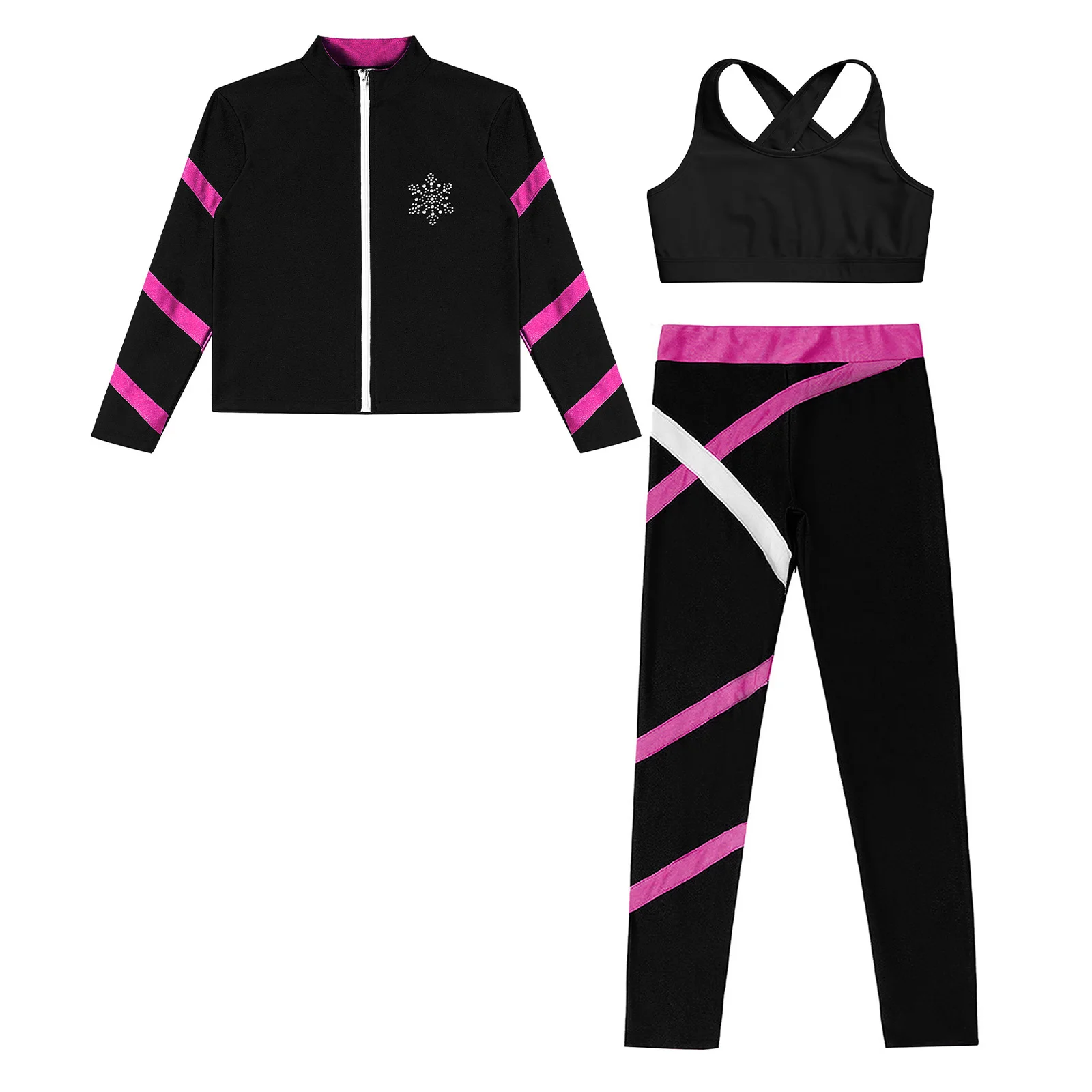 Kids Girls Gymnastics Figure Skating Sports Suit Long Sleeves Zipper Jacket with Vest Leggings Workout Yoga Fitness Tracksuit