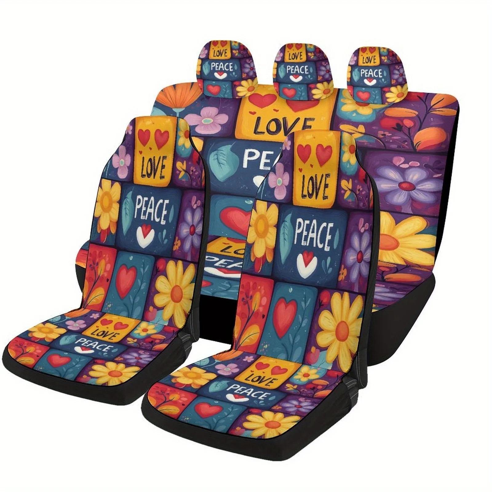 Floral Love Peace Themed Car Seat Covers Set For Most Cars, Decorative Fashionable High-quality Car Seat Protector Covers Full S