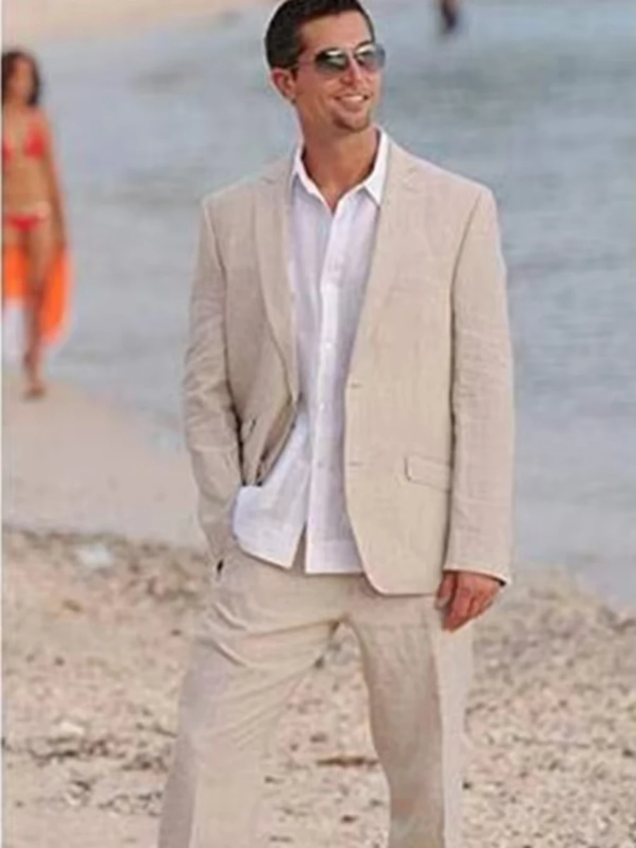 

2 Piece Men's Casual Linen Suit 2 Buttons Notch Lapel Blazer Beach Summer Wedding Tuxedos for Men Groom Tuxedos Jacket Pants