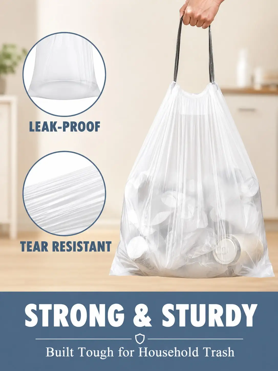 150PCS Small White Drawstring Trash Bags, 4 Gallon Heavy Duty Leak-Proof Garbage Bags With Easy-Tie Handles, Tear-Resistant Trash Can Liners, Back To School Dorm Room Essentials For College, Bathroom, Bedroom, Kitchen, Office