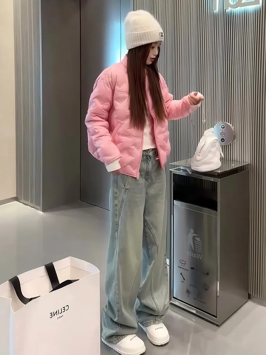 Koreański lekki, ciepły płaszcz puchowy dla kobiet, z wysokim kołnierzem, cienka zimowa odzież wierzchnia dla pań.