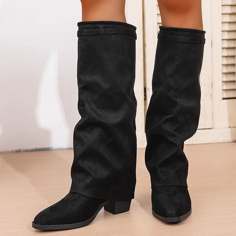 Botas hasta la rodilla de tacón alto sin cordones a la moda para mujer Otoño Invierno Botas altas de tubo para mujer Botas largas de tacón grueso con punta estrecha