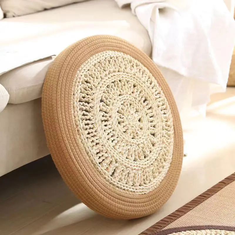 Comfortable Cotton Husk Cushion for Floor, Window Seat and Meditation with Japanese Style Handmade Woven Straw Mat