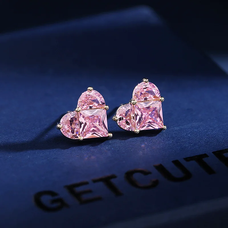 

Micro Pave Zircon Pink Simple Sweet Cool Style Commuting Versatile Heart-shaped Elegant High-end Earrings