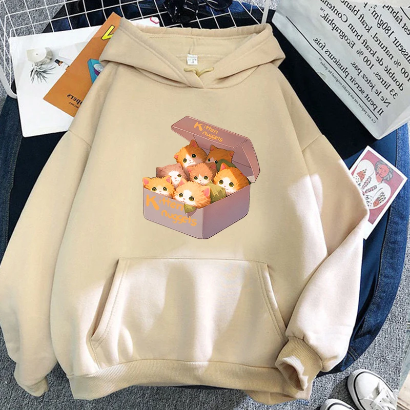 

Kitten Nuggets Cartoon Print Hoodies Sudaderas Women Kawaii Graphic Printing Sweatshirts with Pocket Long Sleeve Girls Clothing