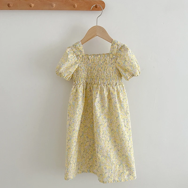 1-6Y Girl Dress Baby Girl Clothes New Yellow Flowers Dress Hand Embroidered High-Quality Short Sleeved Dress Kids Fashion Dress