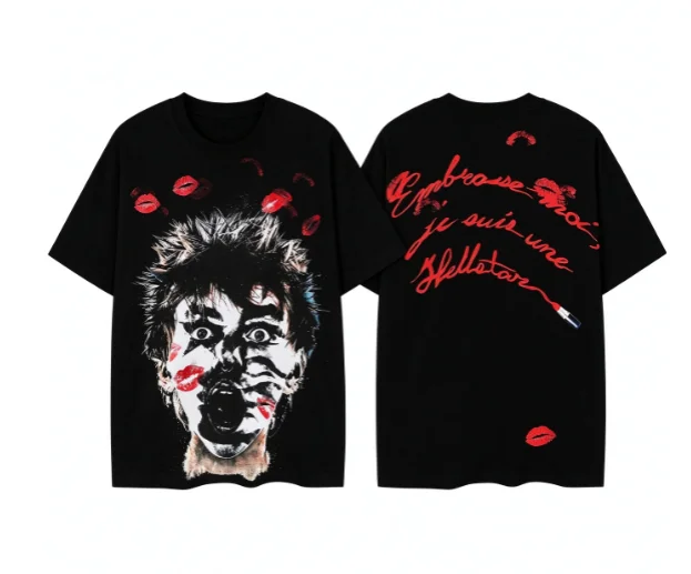 2026 new Short sleeve tee with graffiti portrait red lip prints and handwritten script text on front back unisex loose casual