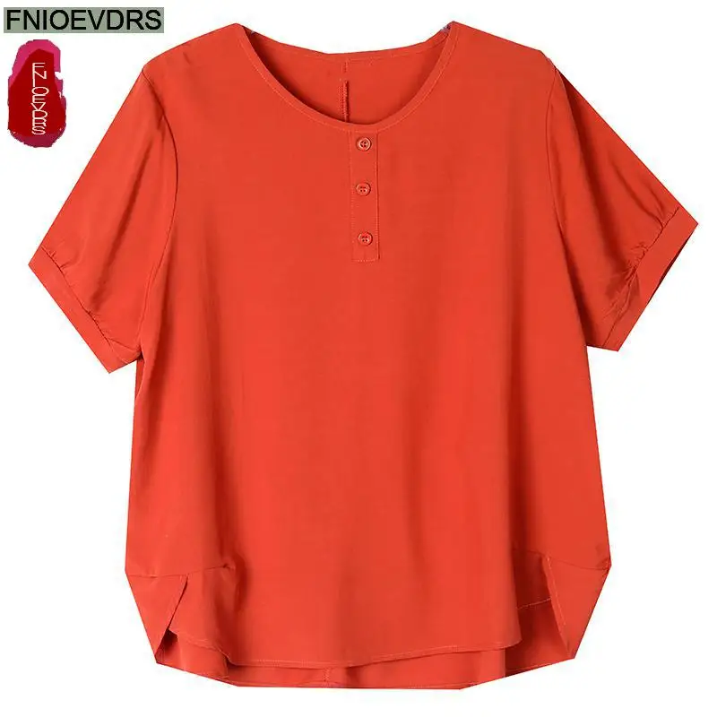 M-4XL Loose Clothes 2024 Summer Cotton Tops Short Sleeve Women Basic Wear Casual Black Orange Retro Vintage Shirts Blouses