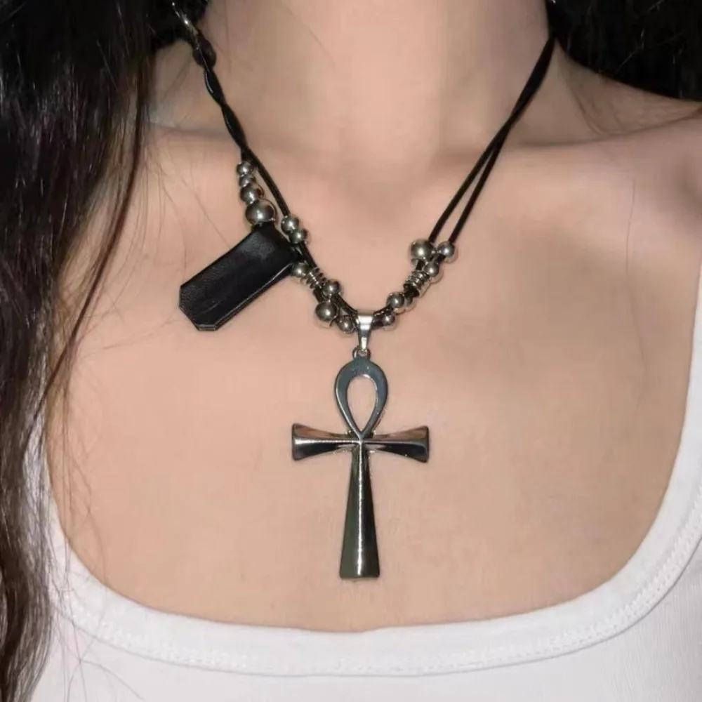 New Gothic Ancient Egyptian Ankh Cross Pendant Adjustable Leather Rope Chain Necklace for Women Men Halloween Grunge Y2K Jewelry - view 2