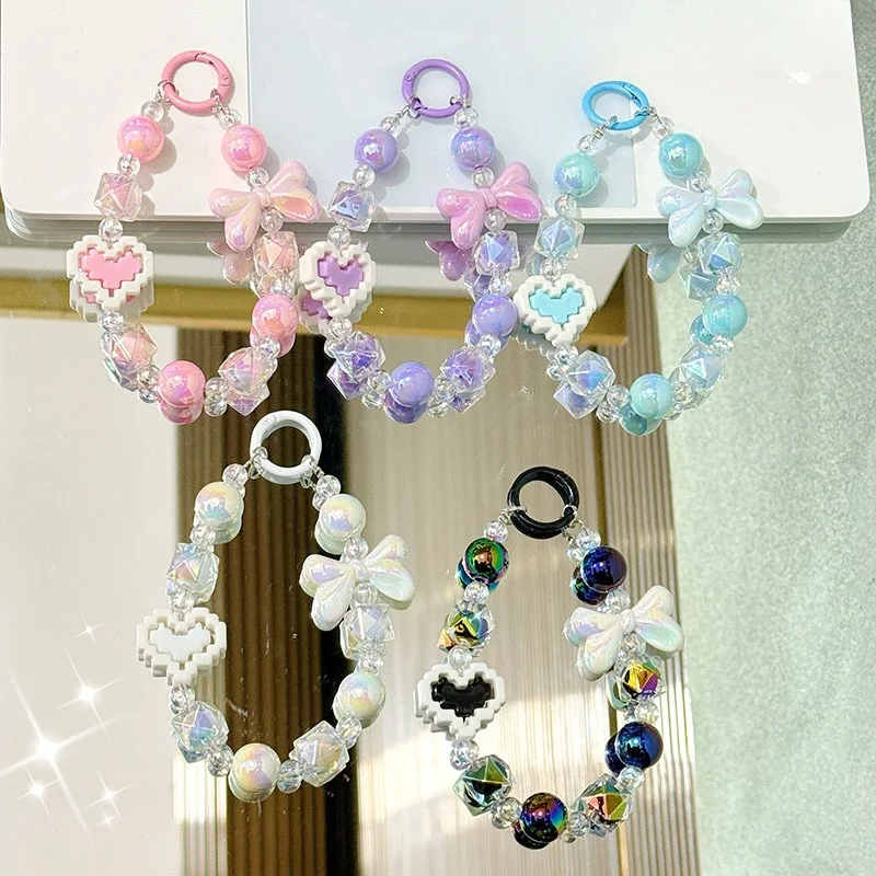 

Trendy INS Color Phone Wrist Strap Bag Decorate Pendant Love Heart Crystal Anti-lost Portable Cute Short Strap Lanyard Keychain
