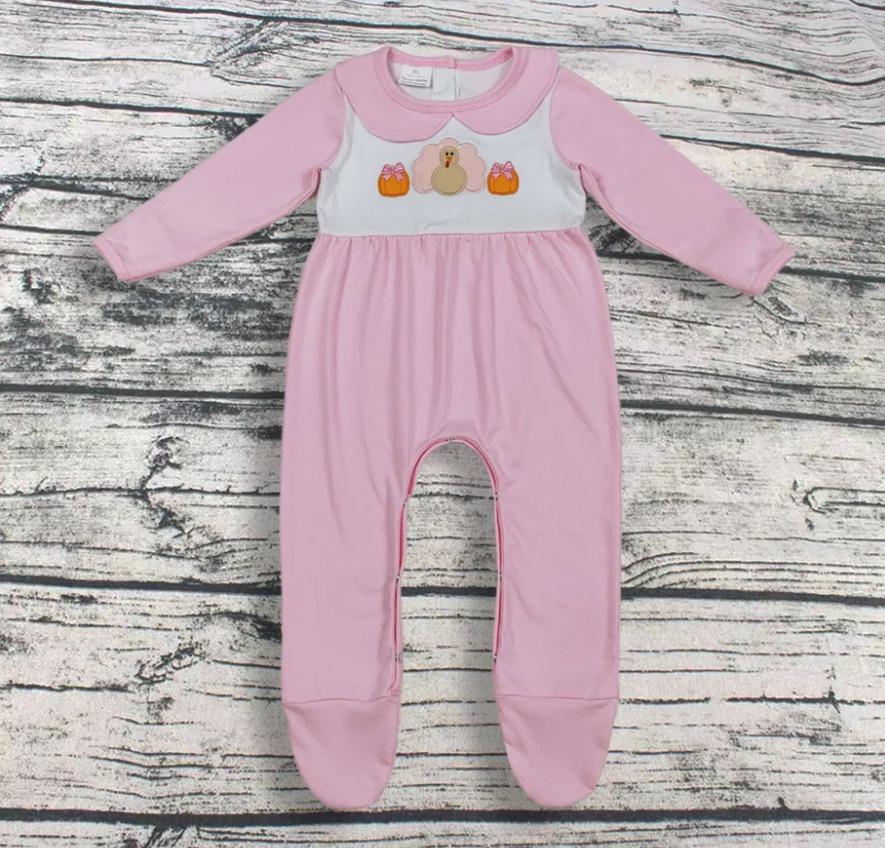 

Wholesale Children Embroidery Pumpkins turkey Buttons Romper Girl Toddler Thanksgiving Kids Newborn Coverall Cotton Bodysuit