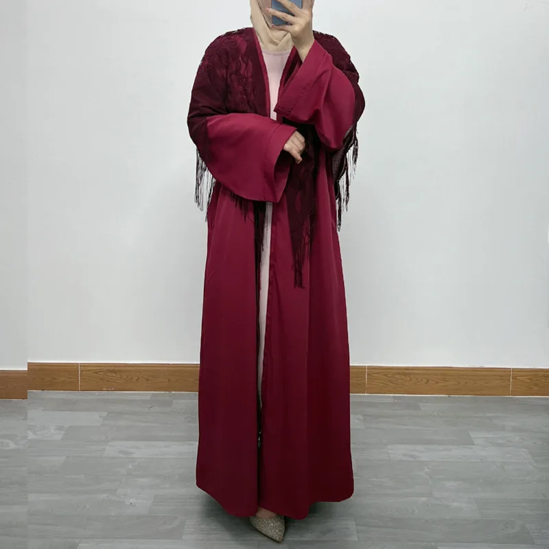

Foreign Trade Cross-border Bat Sleeve Middle East Dubai Collage Tassel Loose Elegant Zipper Cardigan Robe