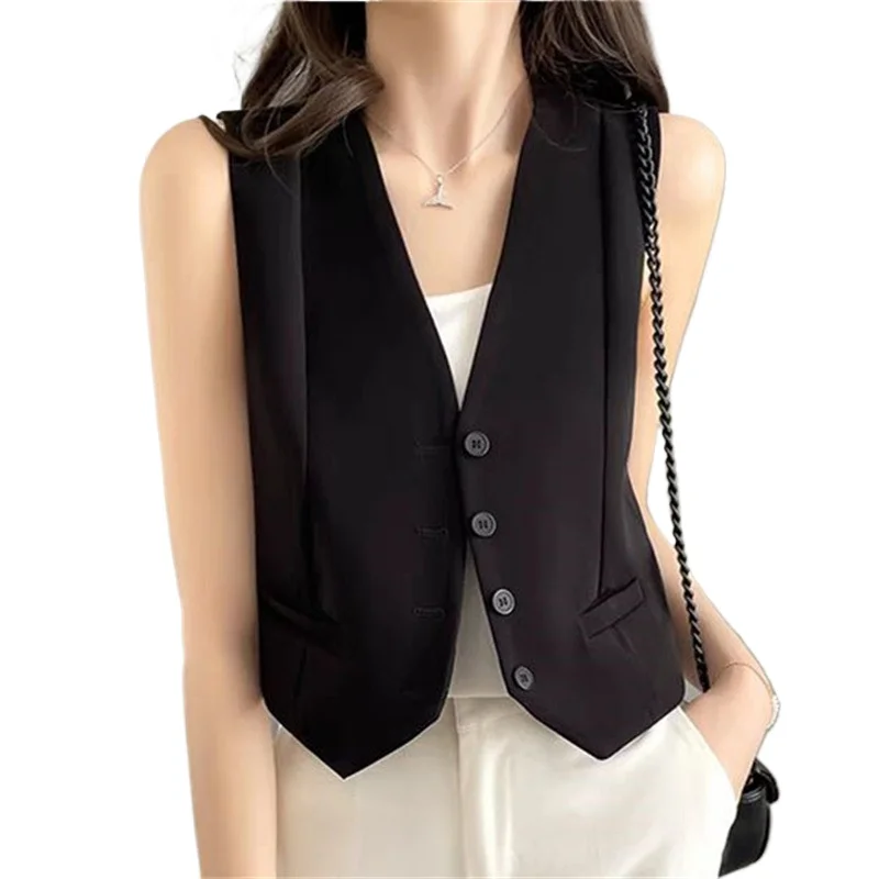 Suit Vest Office Lady Waistcoat Spring Beige Black Short Sleeveless Jackets Vests Female Cardigan Clothes Mujer Coat Ladies Top