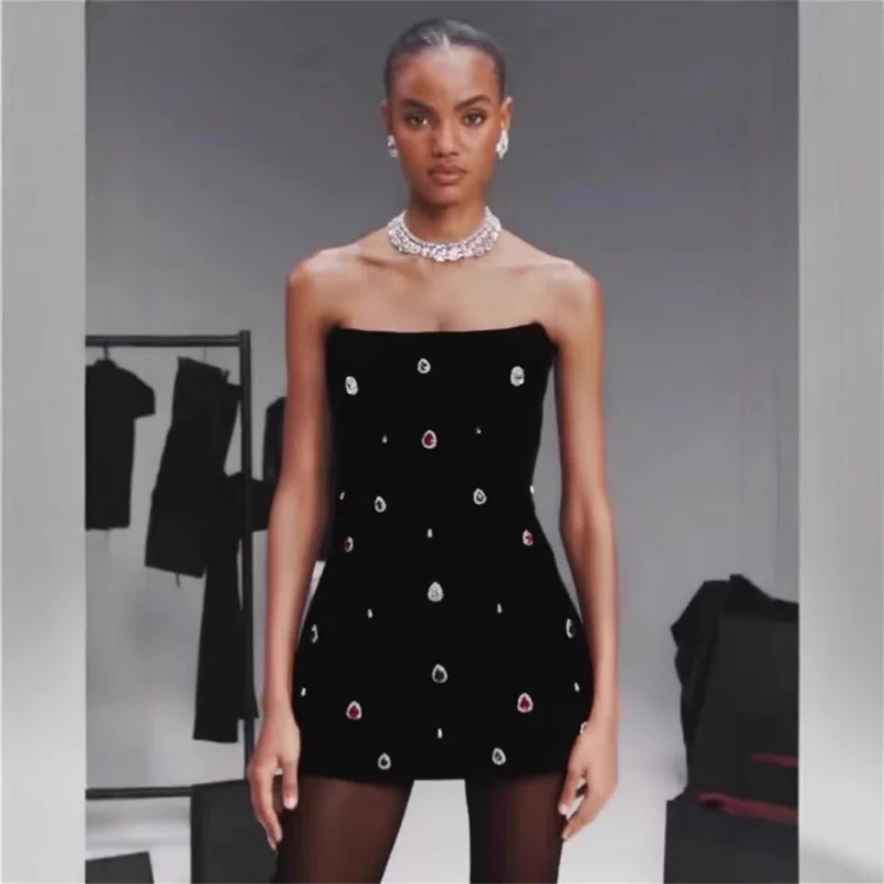 

Fashion Backless Sleeveless Tube Top Diamond-Studded Tight Bandage Mini Dress Party Dress