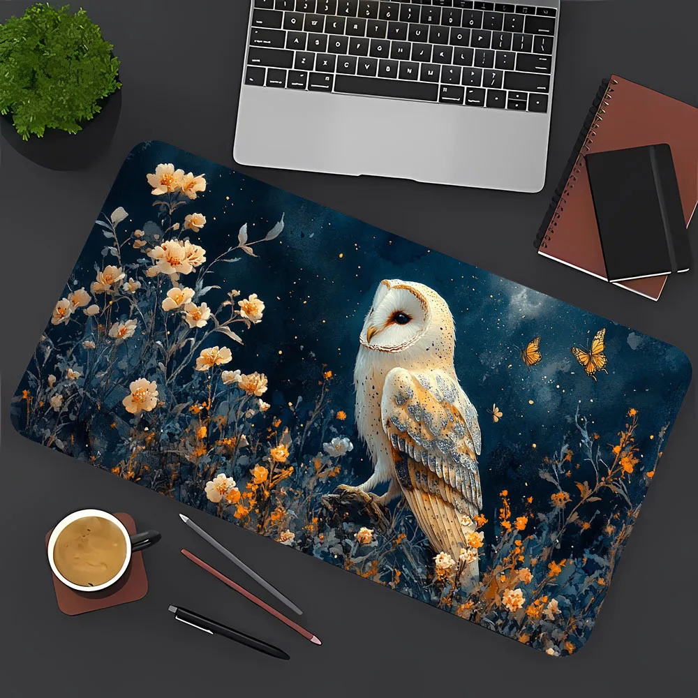 Owl print three-dimensional pattern in the flowers under the beautiful starry sky, large mouse pad for computer notebook games