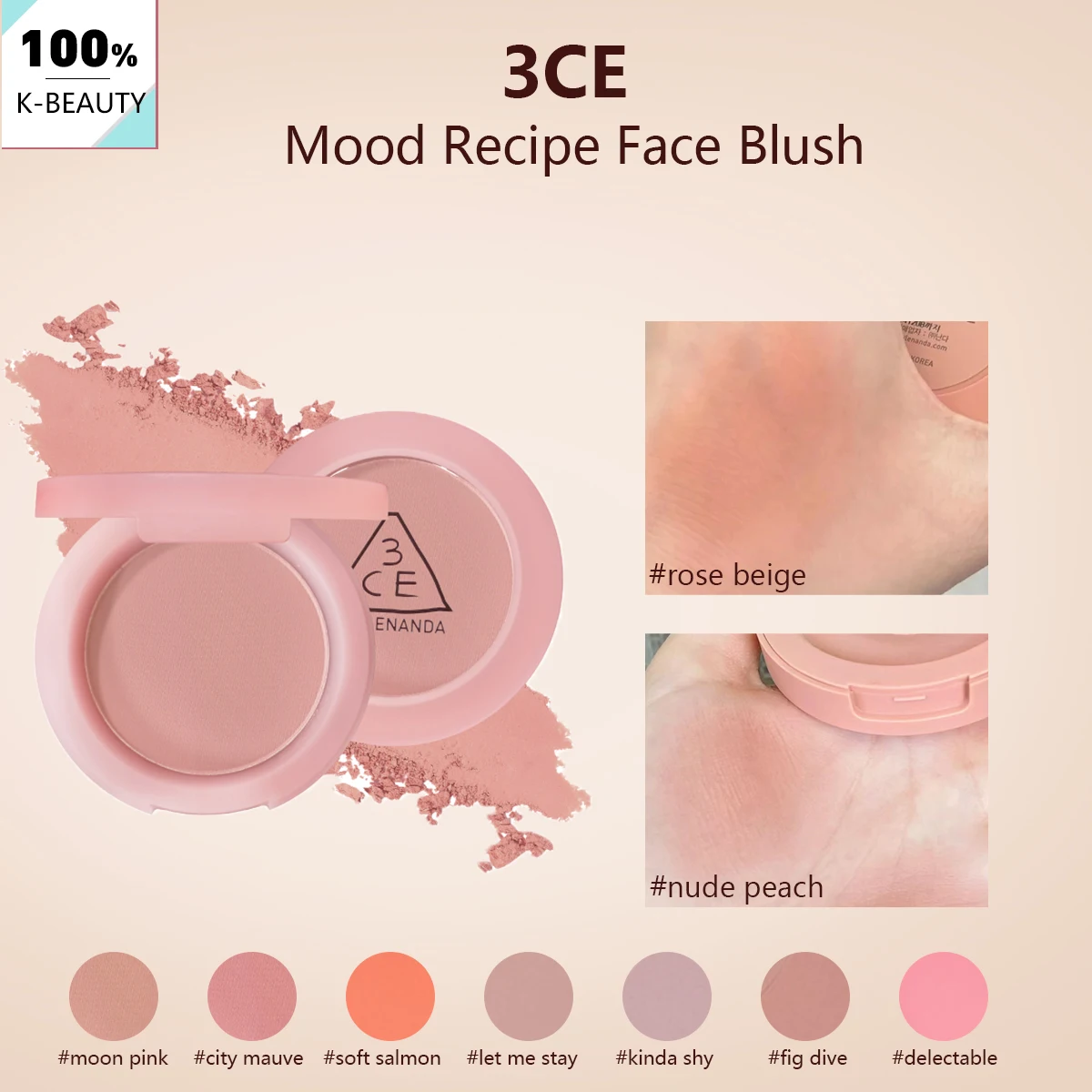 3CE Mood Recipe Face Blush, pó sedoso, misturável, layout de cor natural, desgaste de longa duração, maquiagem completa, K-Beauty, maquiagem coreana