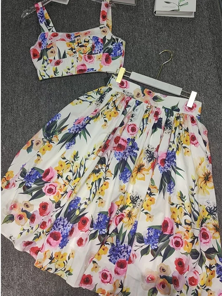 Imagem -02 - Moda Verão Nova Elegante Flor Impressão Blusa Curta Mais Cintura Alta e Saia em Forma de a Terno Feminino de Duas Peças