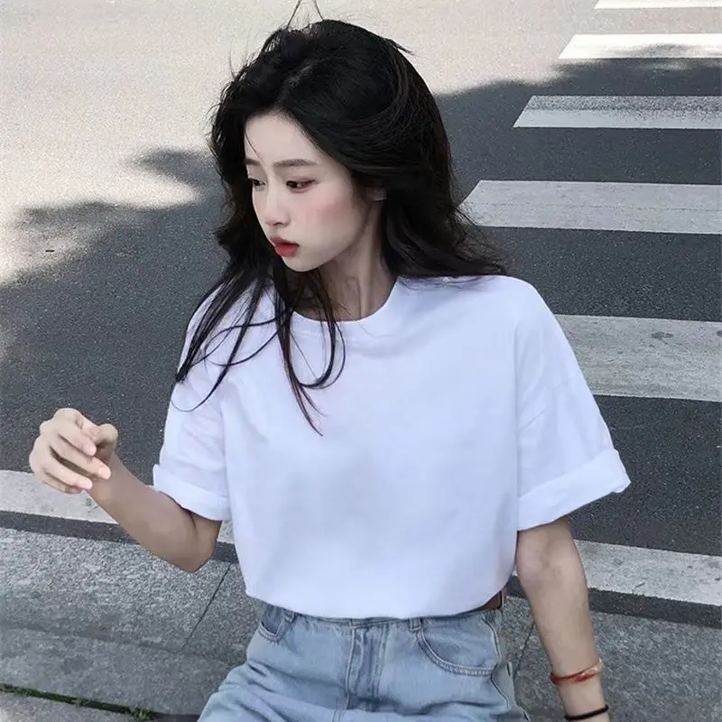 Pure Cotton White T-shirt for Women Short Sleeved Loose Korean Version Instagram Trend Versatile Top Summer New 2024 clothing