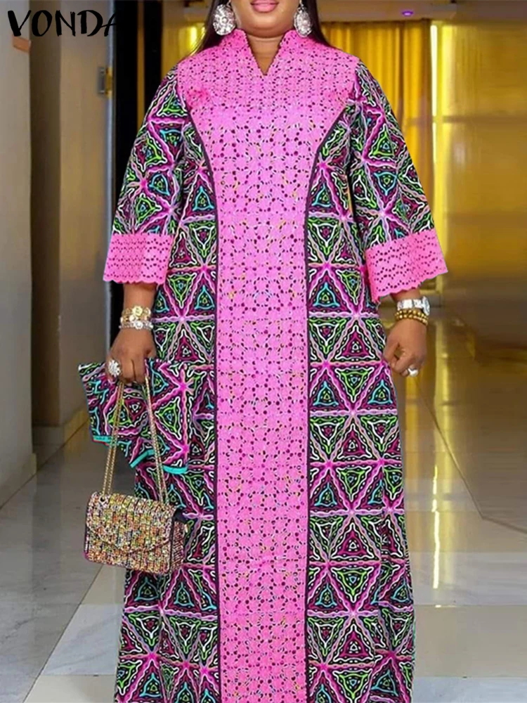 Damska sukienka maxi z kwiatowym nadrukiem 2025 VONDA Jesienna luźna długa szata z długim rękawem Bohemian Vestidos Oversize V-neck Sundress Baggy