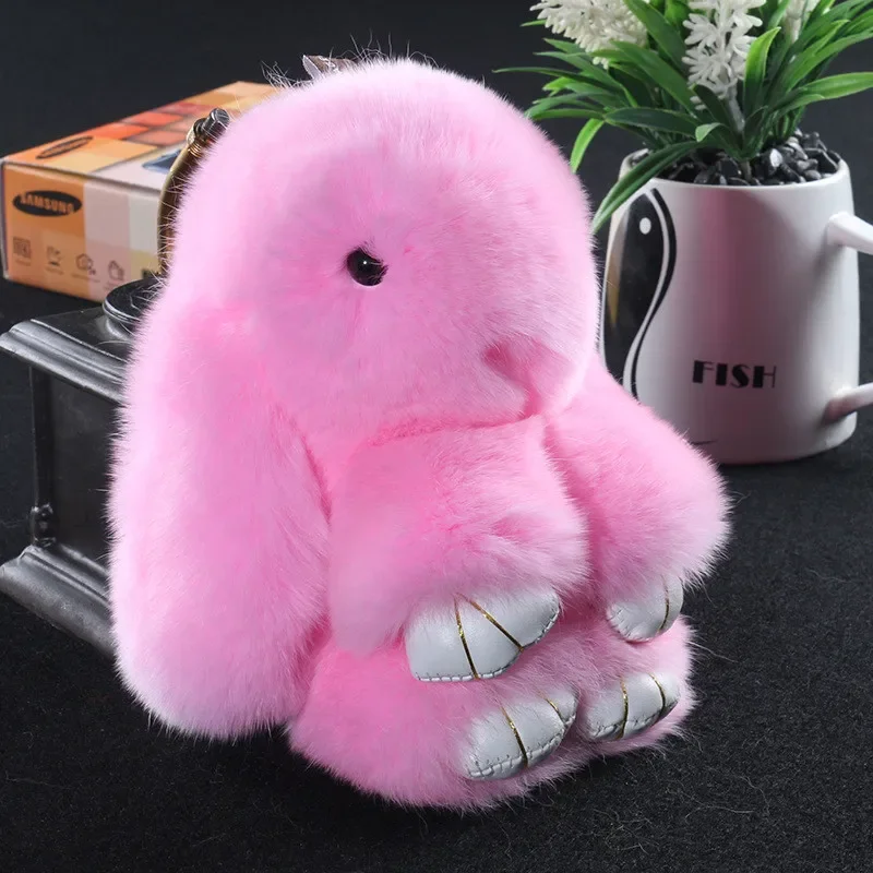 14cm Cute Pluff Bunny Keychain Rex Genuine Rabbit Fur Key Chains for Women Bag Toys Doll Fluffy Pom Pom Lovely Pompom Keyring