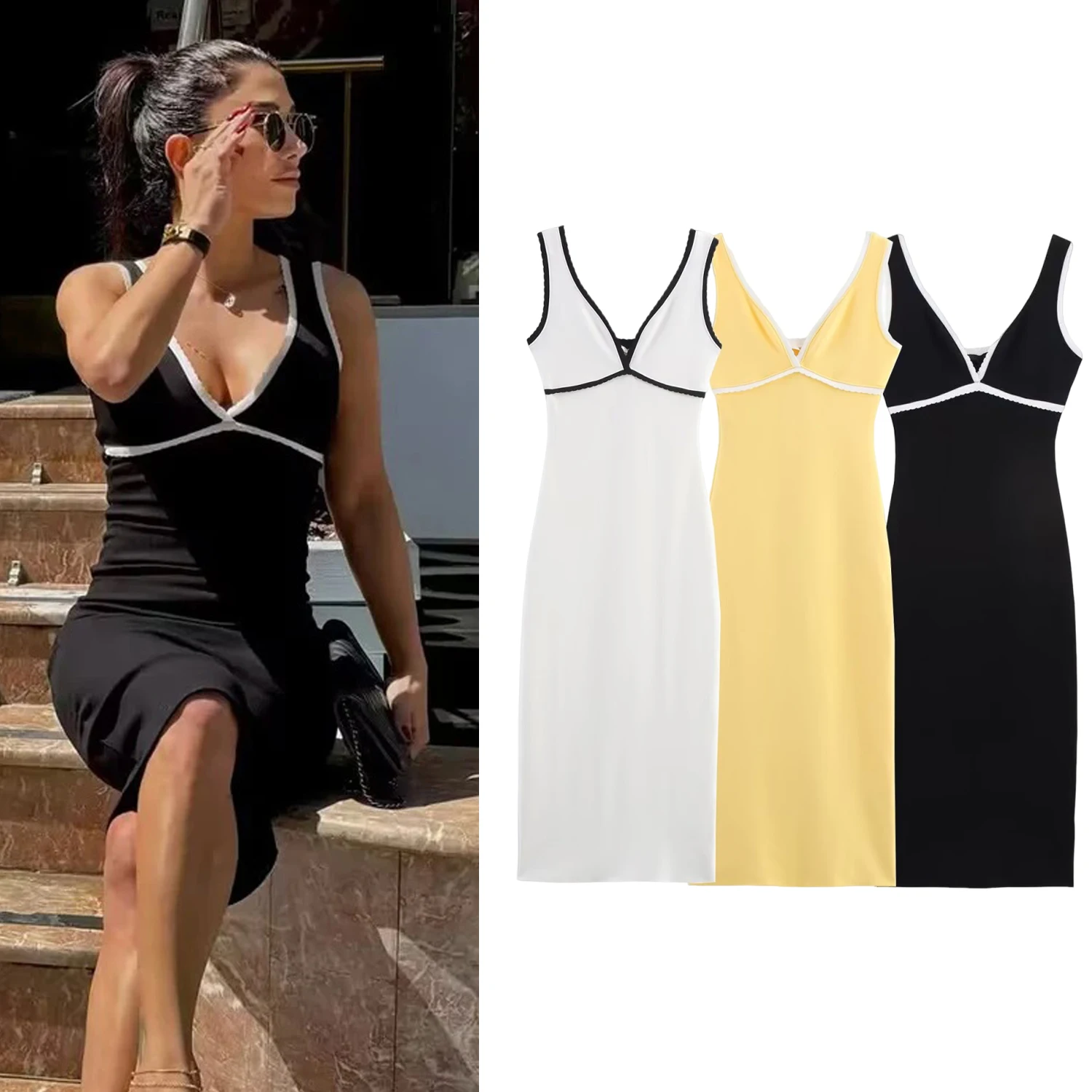 Mulheres backles malha deslizamento vestido feminino verão sólido mangas com decote em v vestido fino férias praia midi vestido senhora sexy vestido de festa