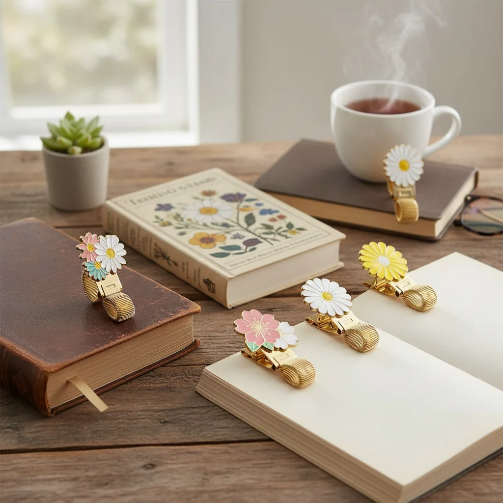 

Металлическая регулируемая подставка для ручек с эмалевым покрытием в виде цветка вишни и маргаритки, зажим-закладка, пружинные клипсы для ручек