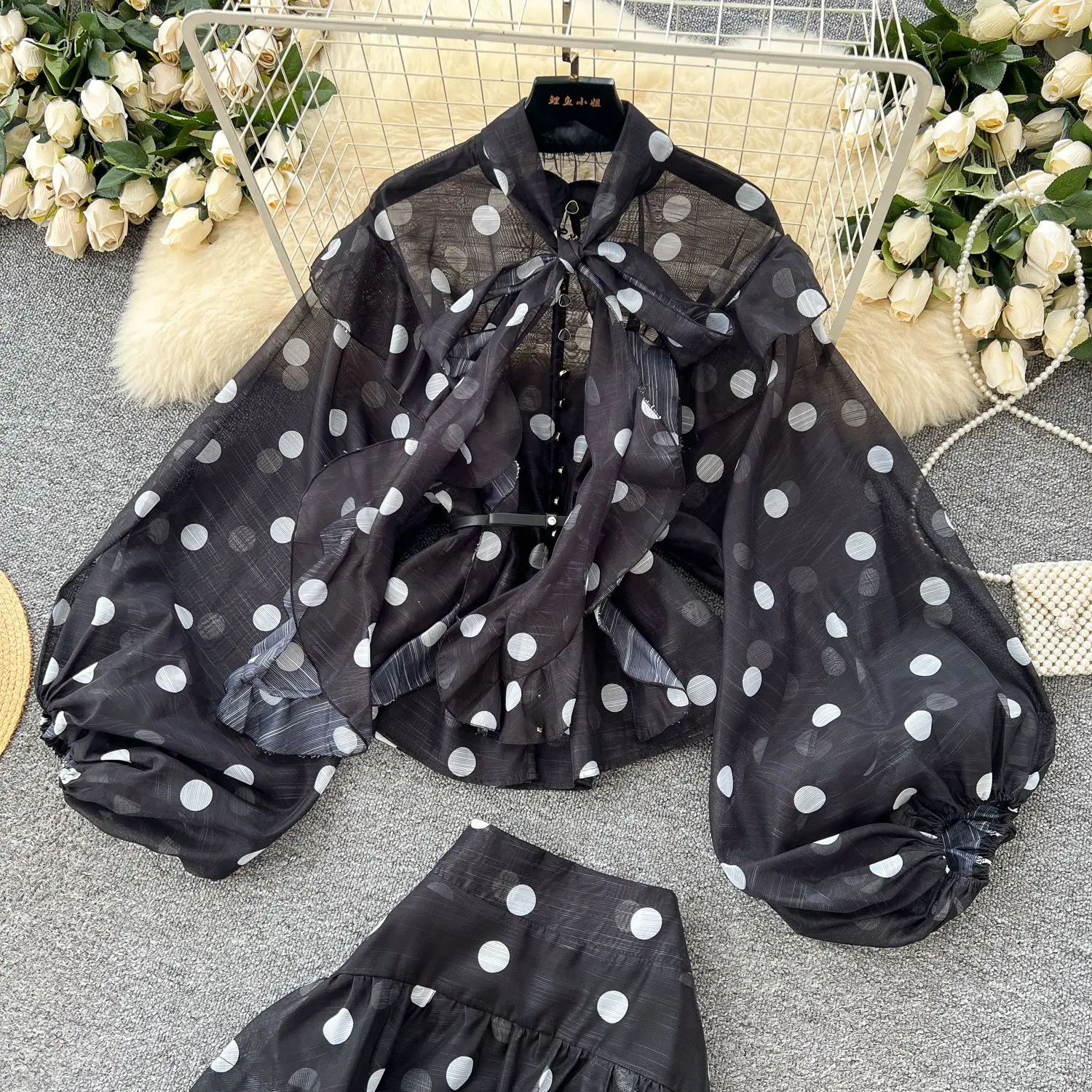 ツーピースセット レディース スカートセット ランタンスリーブ プリント ドット トップス フリル Y2K ストリートウェア エレガント ロング フィッシュテールスカート ハイウエスト