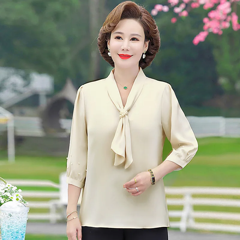 Lente Dameskleding Van Middelbare Leeftijd Elegante Modieuze Pullover Chiffon Shirt En Blouse