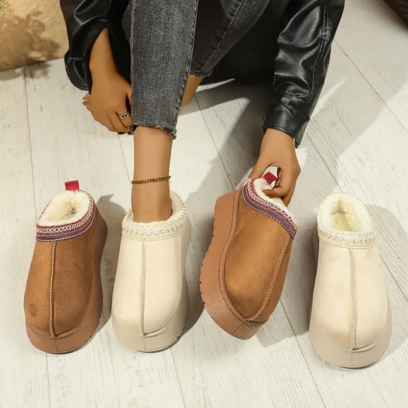 

Women's Snow Boots Large Size Fleece Lined Fur Warm Slippers Platform Sole Backless Cotton Shoes Women's Cotton Boots