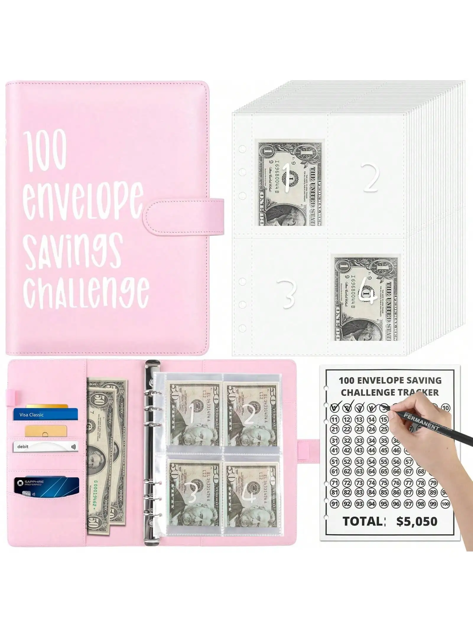 

1pc 100 Envelopes Money Savings Challenges Book With Envelopes, Money Saving Binder For Cash Saving, 100 Envelope Challenge Bind