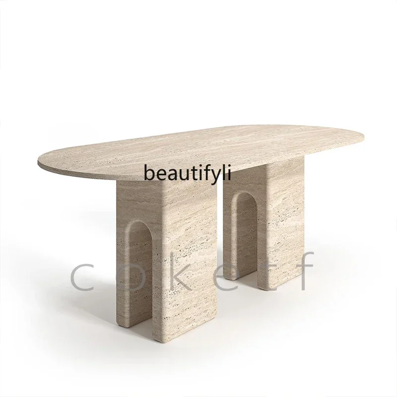 A13 French designer U-shaped foot natural Roman travertine dining table creative rectangular table