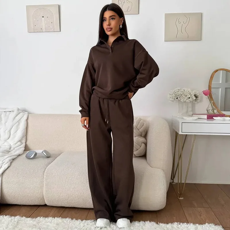 Women Casual Sport 2 Piece Outfits Solid Color Long Sleeve Button Down Collar Pullover Sweatshirt Tie Pants Set