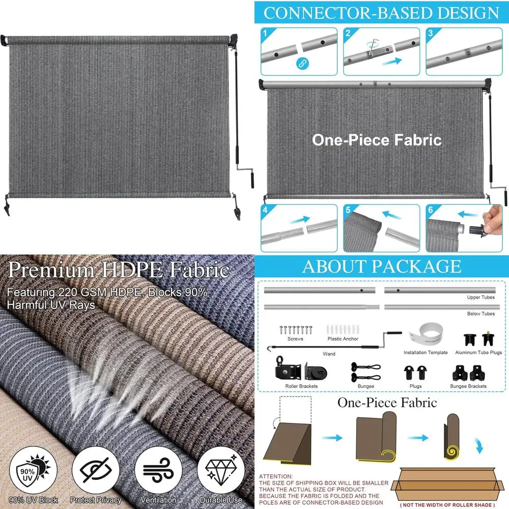 

8ft Wide x 6ft Tall Cordless Outdoor Roll-Up Shade with 90% UV Blockage, Grey