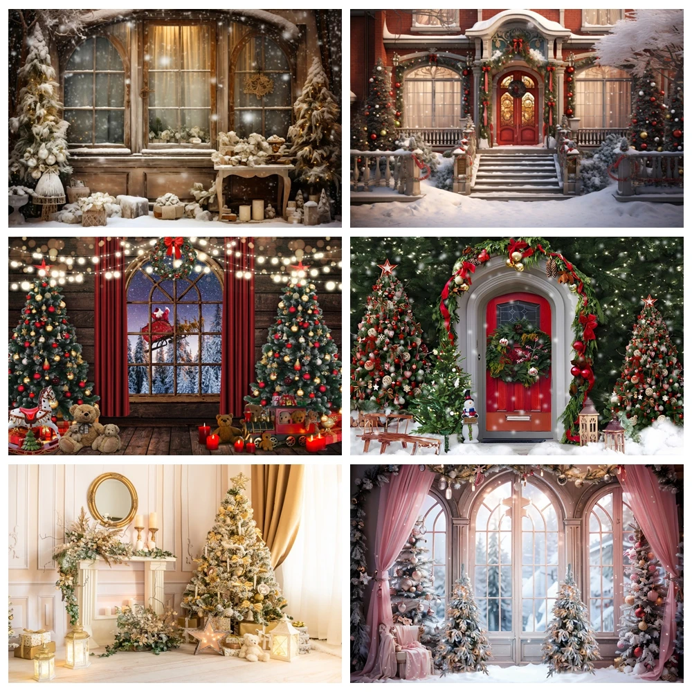 

Christmas Photo Backdrops Yard Pine House Porch Snow Light Fireplace Xmas Tree Baby Portrait Photography Background Photo Studio