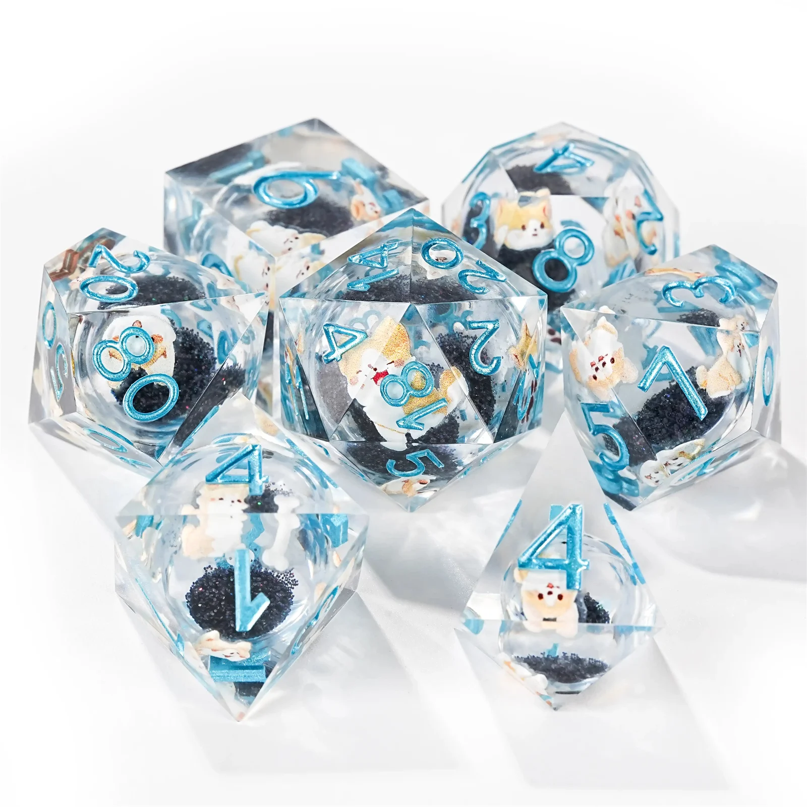 

1-7Pcs Cute Dog Resin DND Dice Set Quick Sand Blue Word Clear Multi-sided Polyhedral Dice for D&D Game COC Role Playing RPG