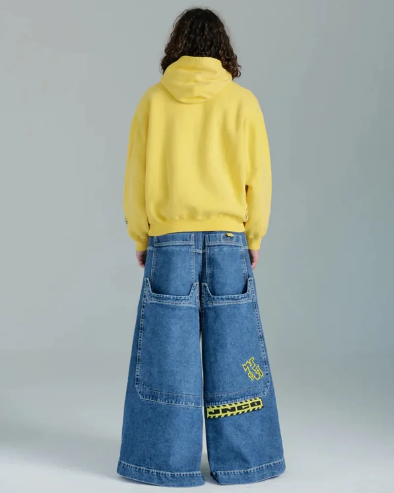 JNCO 헐렁한 청바지, Y2K 하라주쿠 힙합 스트리트웨어, 빈티지 포켓 그래픽 청바지, 남성 여성 미국 하이 웨이스트 와이드 레그 청바지