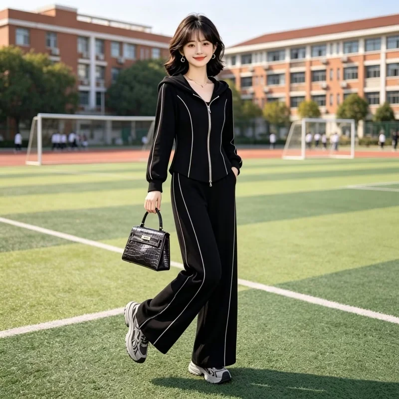 Women's Sporty Cotton-Like Harem Set with Diagonal Stripe 250g Casual Spring Autumn Fashion Hoodie Two-Piece Suit