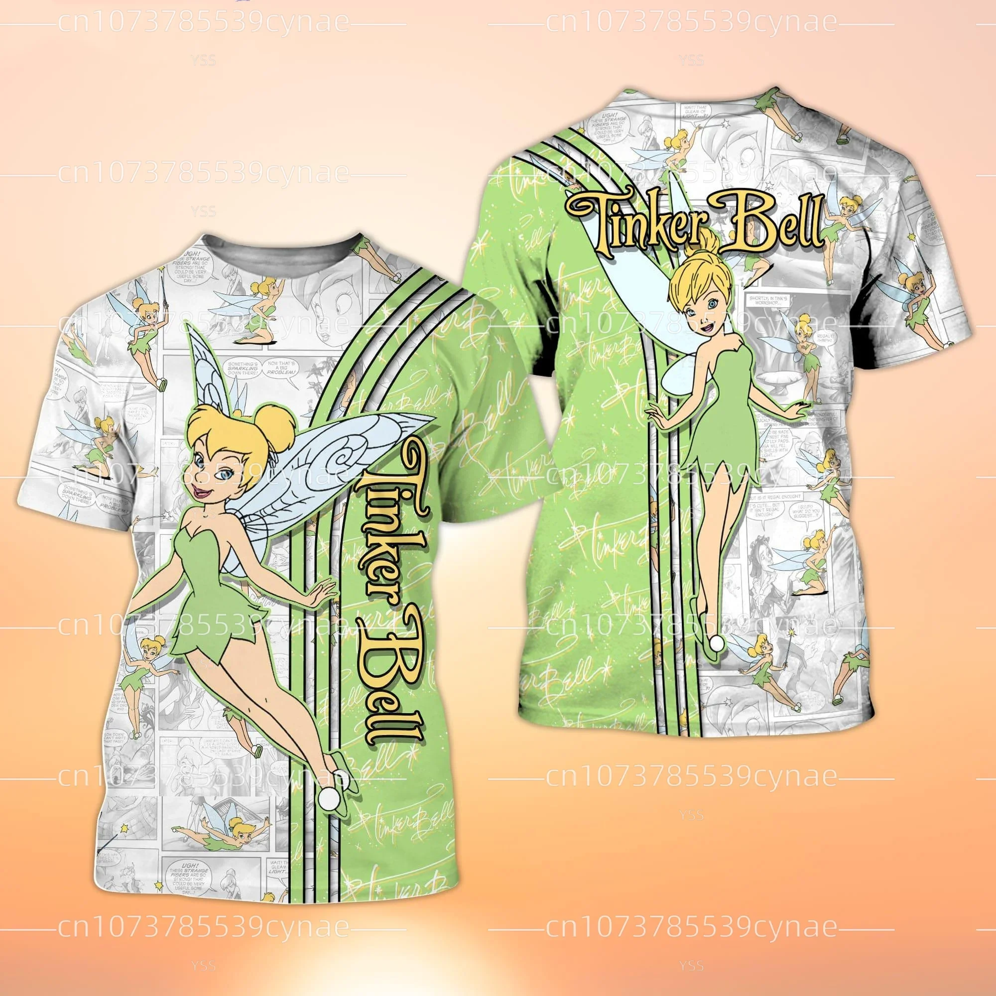 Green Tinker Bell Cross Comic Book Patterns Disney Cartoon 3D Oversize  T-Shirt Women's  T-shirt