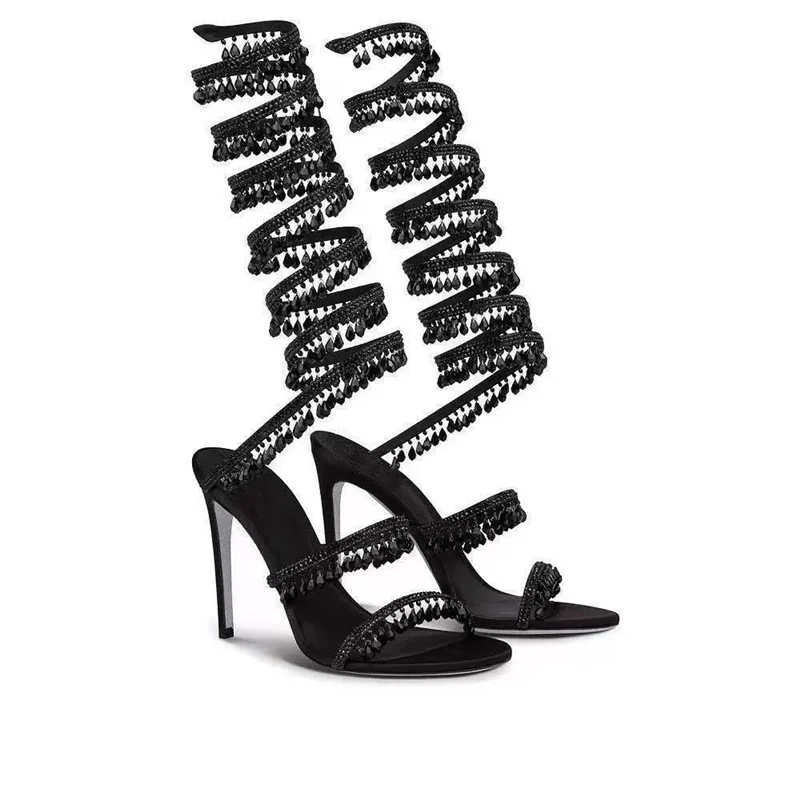 Thin high-heeled sandals summer new snake-shaped wrapped crystal pendant fringed rhinestone shoes banquet large-size women shoes